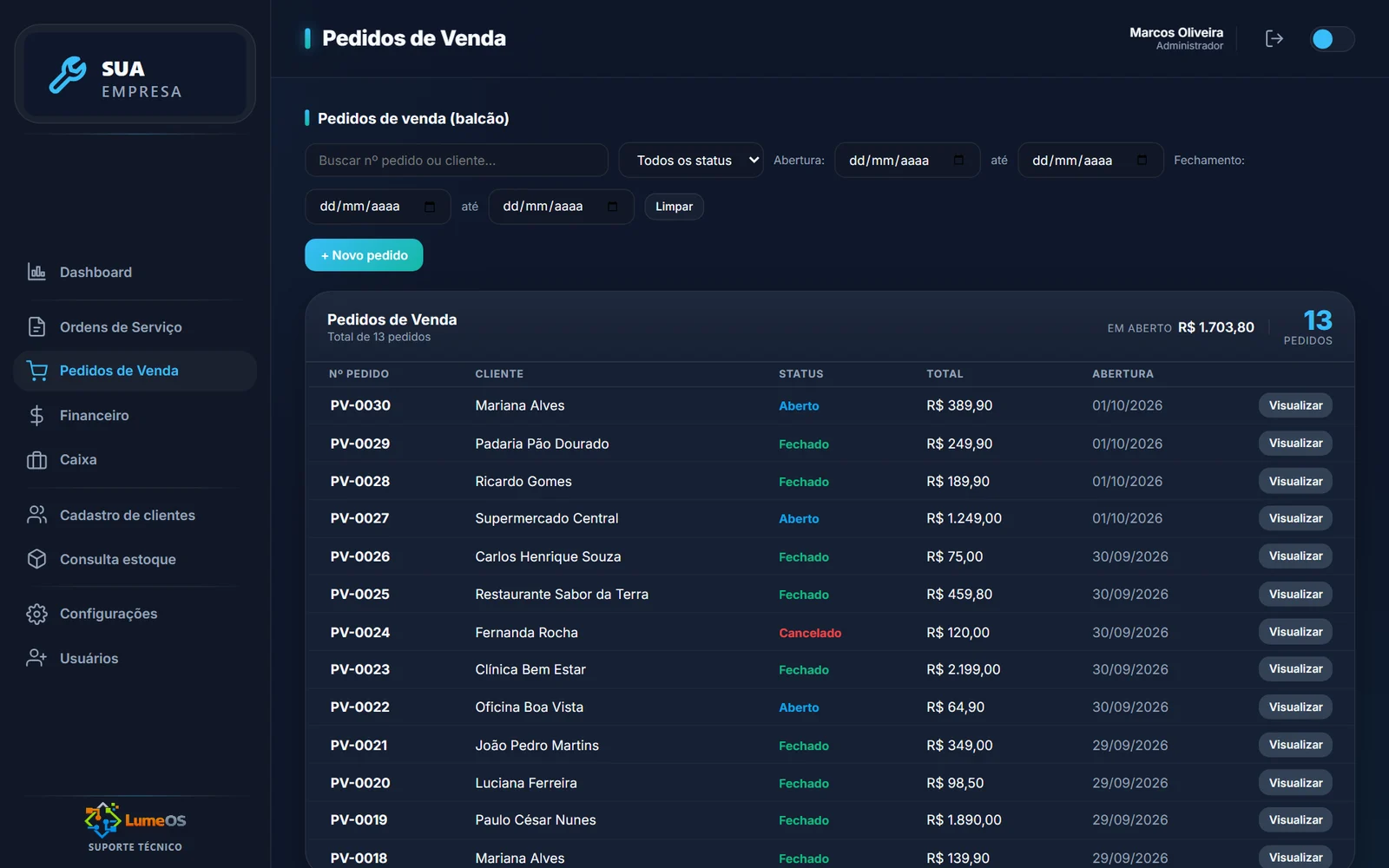 LumeOS — Pedidos de venda
